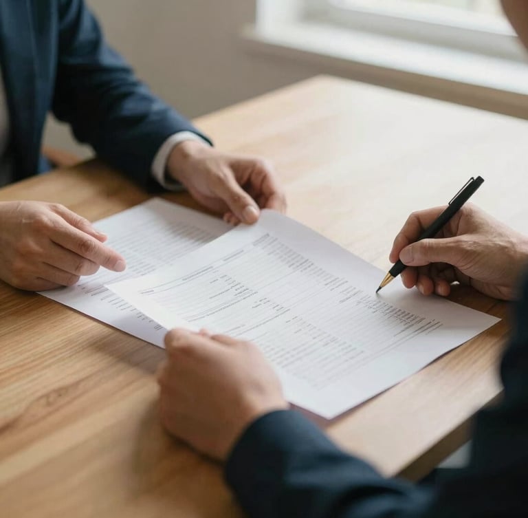 Close-up of hands reviewing printed financial statements on a clean wooden table, soft side light, shallow depth of field, warm tones.