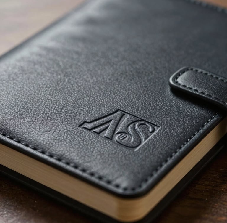 Macro close-up of premium leather debossing on a dark charcoal corporate notebook, soft warm studio lighting highlighting the texture.