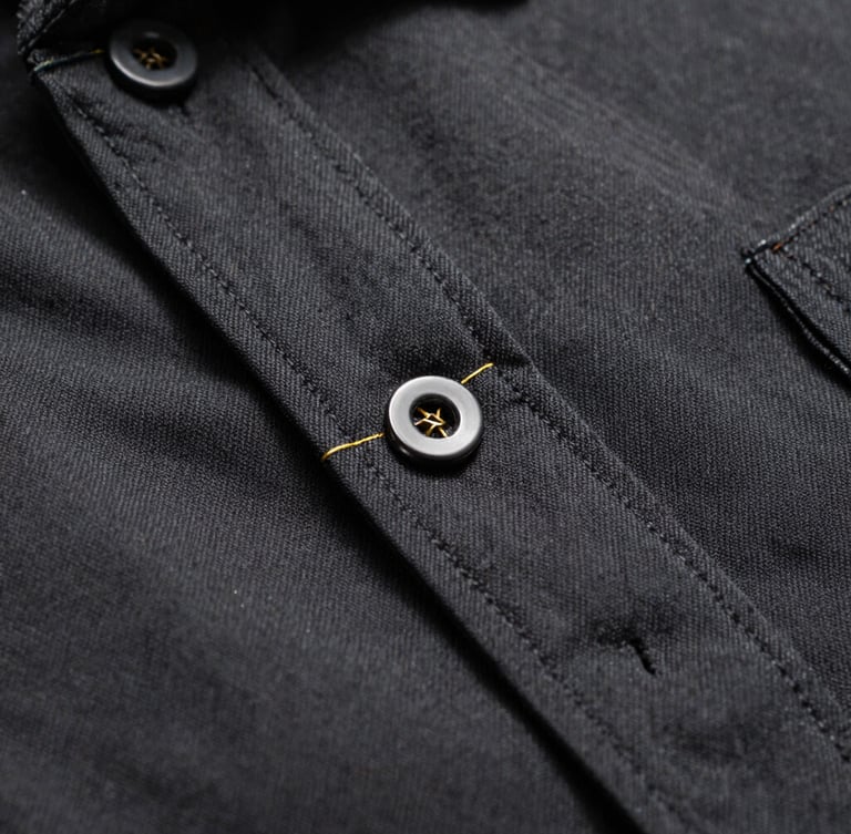 Extreme macro close-up of precise gold embroidery thread on a heavy matte charcoal oxford cotton shirt, dramatic studio side lighting, shallow depth of field showing fabric weave.