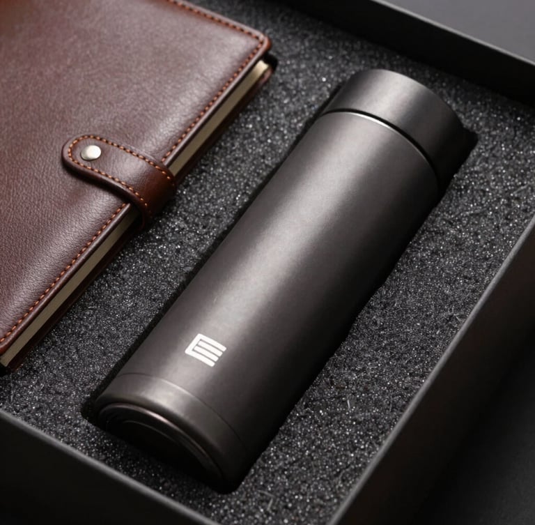 Macro close-up of a custom-cut dark foam insert inside a corporate box, holding a sleek matte thermos and a leather-bound journal, dramatic side lighting highlighting the textures.