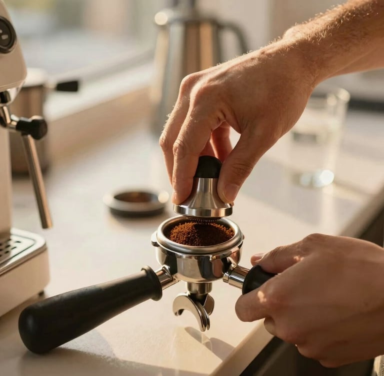 Close-up of a barista's hands carefully tamping fresh coffee grounds into a portafilter, warm golden-hour sunlight illuminating the espresso bar, clean modern aesthetic, 35mm.