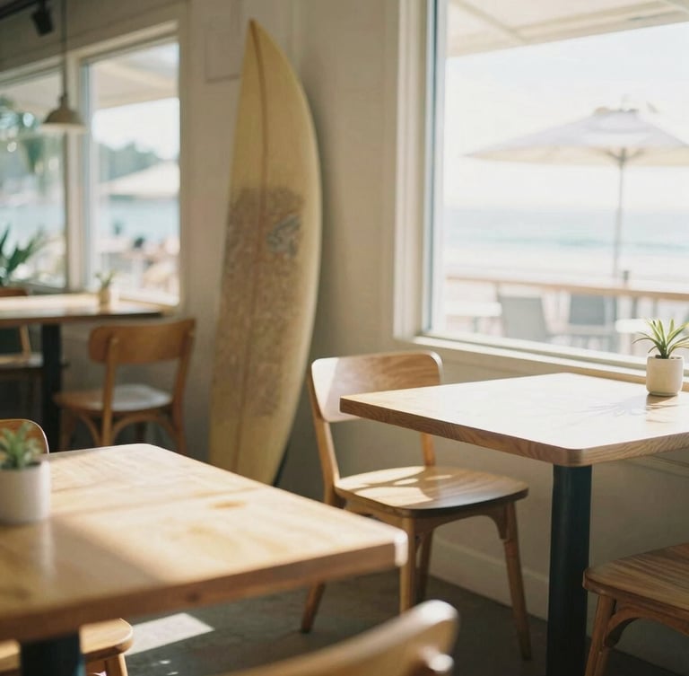 Bright sunlit cafe interior with light wood tables, a vintage surfboard leaning in the corner, and warm daylight streaming through large windows, 35mm photography