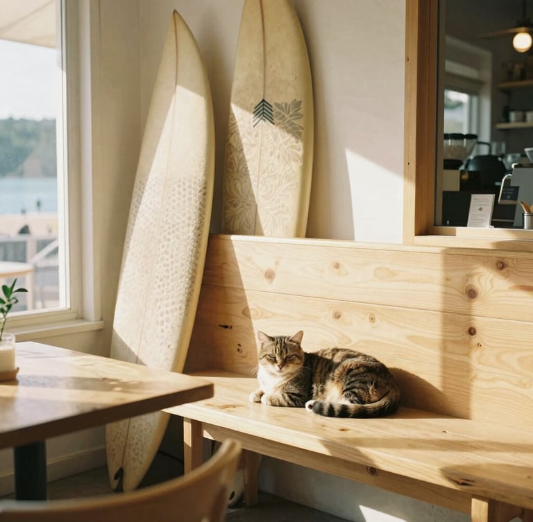 Bright, sunlit cafe interior with light wood, vintage surfboards leaning against the wall, a cat napping on a sunny bench, warm golden-hour daylight, 35mm photography