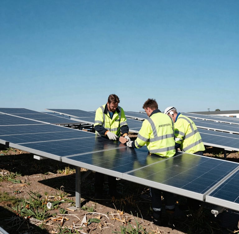 Technical team in branded safety gear performing maintenance on a solar panel array, bright equatorial sunlight, crisp shadows, 35mm