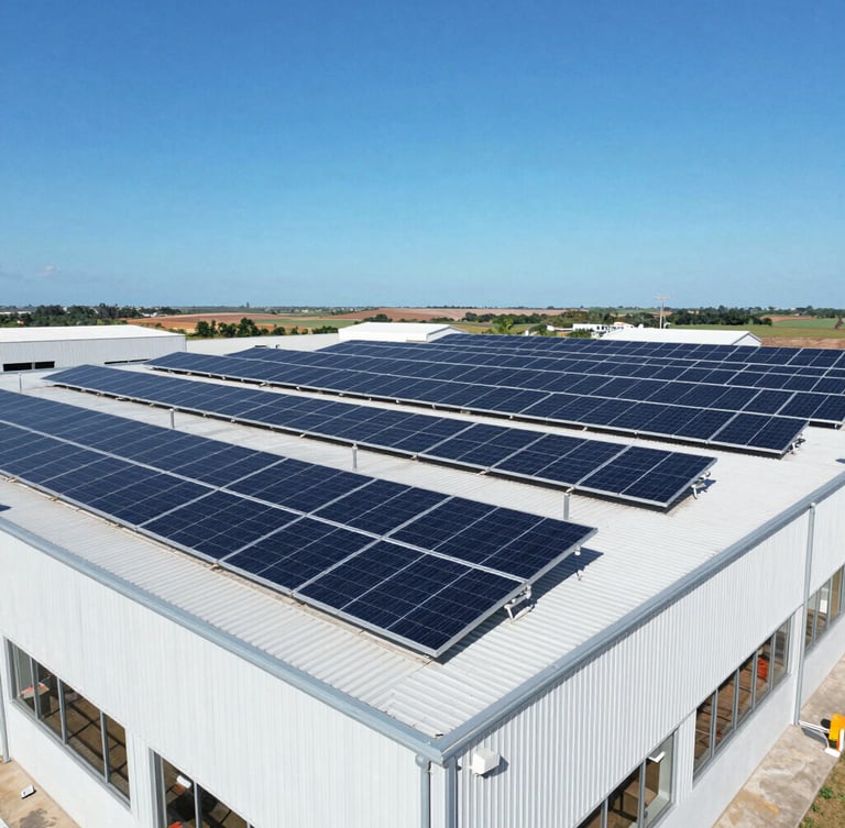 Drone shot of clean solar arrays on a modern industrial roof in Ceará, bright direct equatorial sunlight, deep blue skies, high-contrast, sharp details