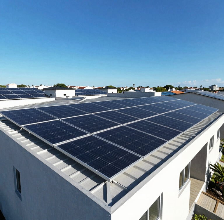 Wide aerial view of a modern residential roof in Fortaleza covered with sleek dark solar panels under intense equatorial sunlight, deep blue sky, sharp details