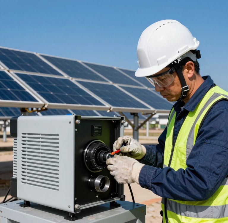 Close-up técnico de engenheiro com capacete e colete de segurança ajustando inversor de alta potência em instalação industrial, luz solar direta e nítida.
