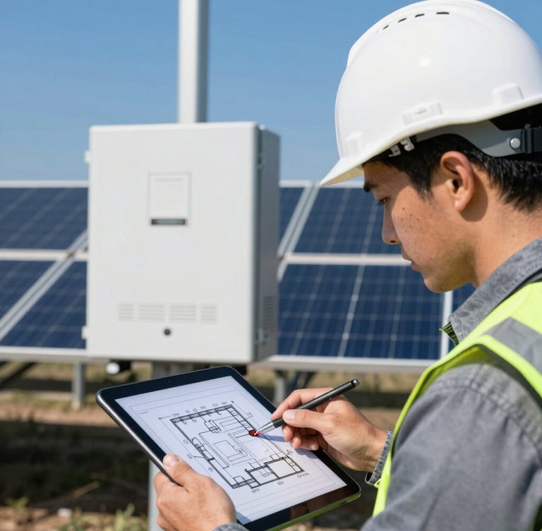 Close-up of a technical engineer in a white hardhat and safety vest analyzing electrical diagrams on a tablet, with modern solar inverters in the background, bright daylight