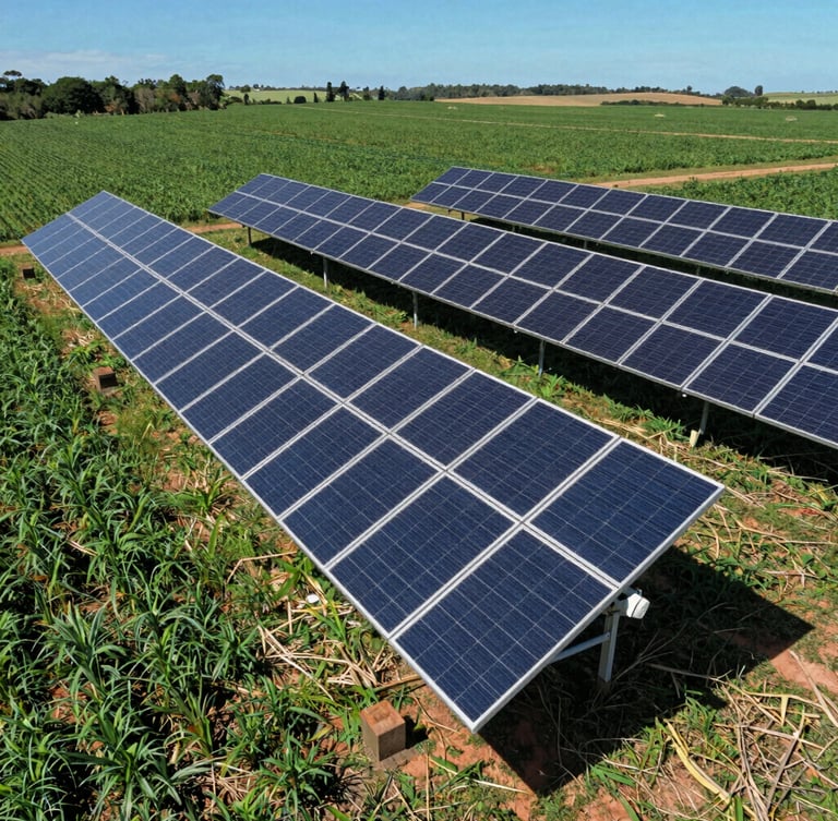 High-angle drone shot of a massive solar panel array installed on the ground next to a lush green crop field in Ceará, bright equatorial sunlight, crisp shadows, deep blue sky, 35mm photography