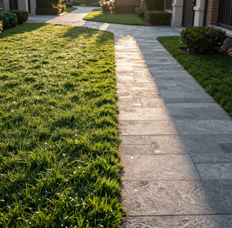 High-angle environmental shot of a manicured residential estate at sunrise, bright morning sun casting long clean shadows, a razor-sharp turf edge meeting a clean stone pathway, dew visible on the deep green grass.