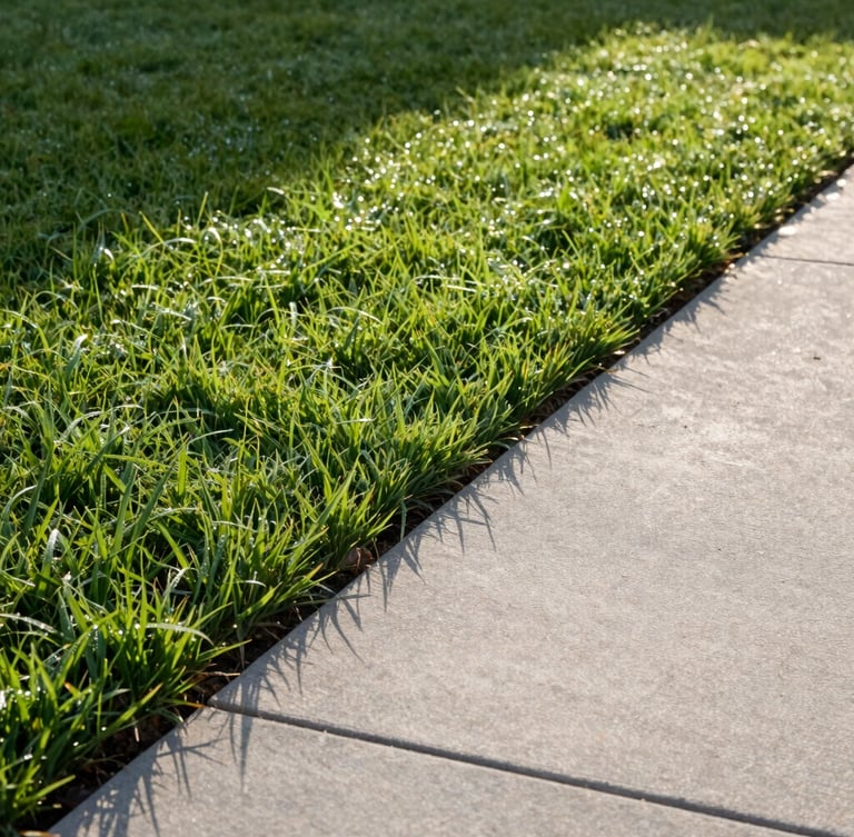 A crisp, high-angle vertical shot of a perfectly manicured lawn border, sharp soil line meeting clean concrete, bright early morning dew, long clean shadows.