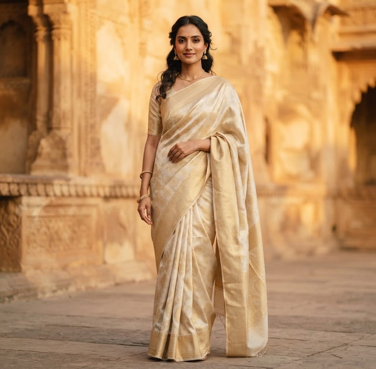A medium portrait of a model standing against warm architectural stone, showcasing the elegant drape of a cream and soft gold mulberry silk saree, soft natural golden hour light, shallow depth of field, 85mm lens
