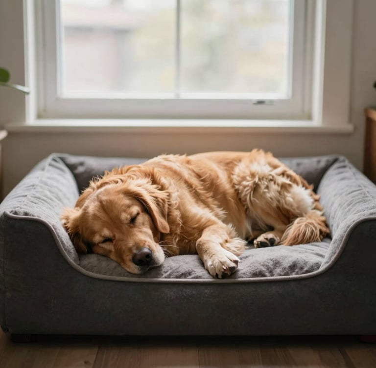 A golden retriever peacefully sleeping on a plush, modern dog bed in a sunlit living room, soft natural window light, muted earthy tones, shallow depth of field, 35mm lens