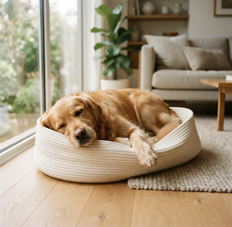 A golden retriever resting peacefully on a minimalist woven cream dog bed in a sunlit, modern living room, soft natural window light, muted earthy tones, 35mm lens.