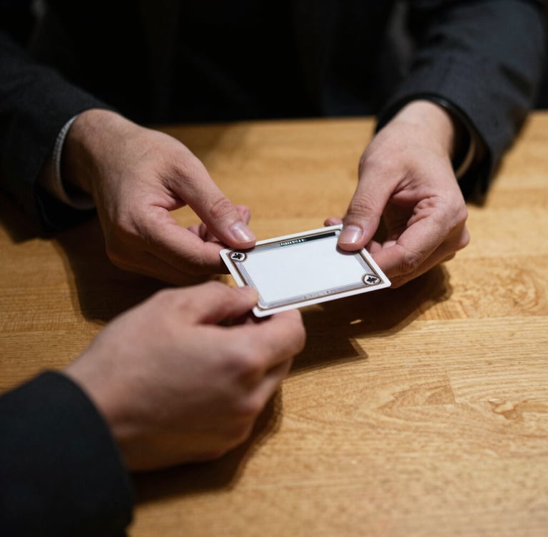 moody editorial photography, dark low-key lighting, hands in a dark-toned suit holding a pristine trading card over a clean wooden gaming table, warm gold accents, shallow depth of field, 35mm