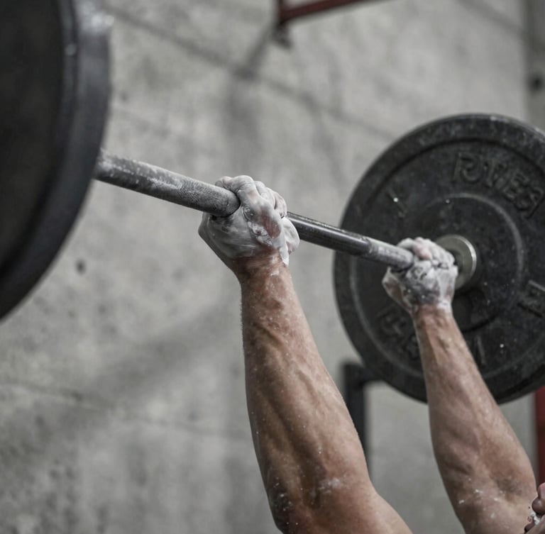 Close-up desaturated shot of chalked hands gripping a heavy steel barbell in a raw concrete gym, harsh side lighting and deep shadows.