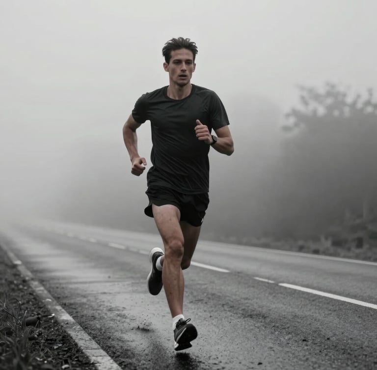 Low-key, high-contrast desaturated shot of a male athlete running through early morning fog on a wet asphalt road, focused expression, cinematic framing.