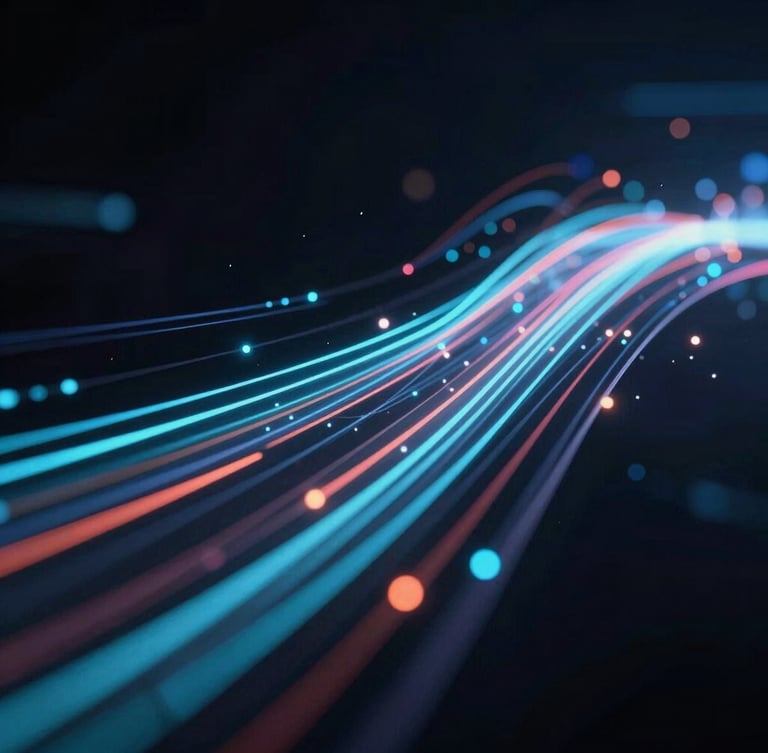 Macro close-up of dynamic glowing data streams and light trails on a dark obsidian background, futuristic tech photography, 35mm