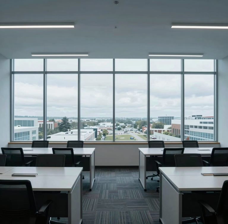 Wide-angle architectural view of a structured, minimalist corporate office in Orem, cool overcast daylight streaming through large windows, clean desks, professional tone
