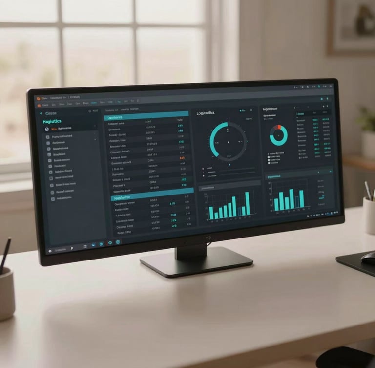 Overhead desk layout of a clean digital dashboard displaying logistics workflows and operational metrics, soft Arizona window light, muted charcoal and cream tones, shallow depth of field, 35mm