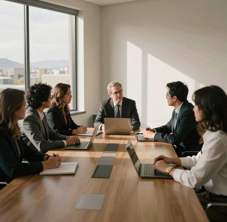 Medium-wide environmental shot of a professional collaborative meeting in a sunlit Phoenix office, architectural details, soft shadows, warm editorial photography, 35mm