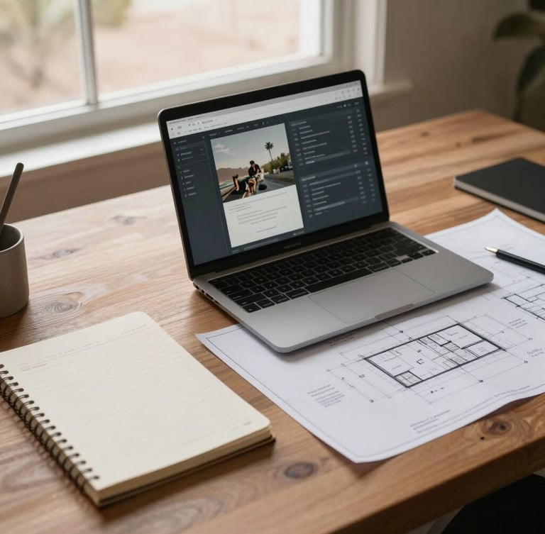 An overhead desk layout with clean digital dashboards, a physical notebook, and architectural blueprints on a warm wood surface, soft Arizona window light, shallow depth of field, 35mm