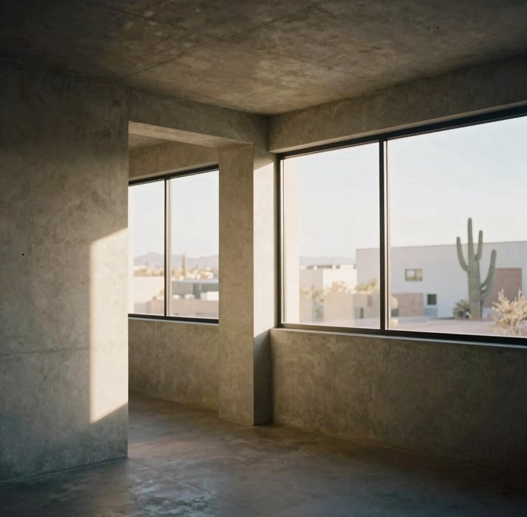 Architectural shot of a modern minimalist Arizona office space with warm diffused window light, clean concrete lines, and soft shadows, 35mm photography