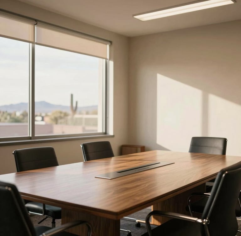 A medium-wide environmental shot of a modern Arizona office boardroom, warm diffused sunlight filtering through large windows, clean oak table, professional setting, muted charcoal and cream tones, 35mm