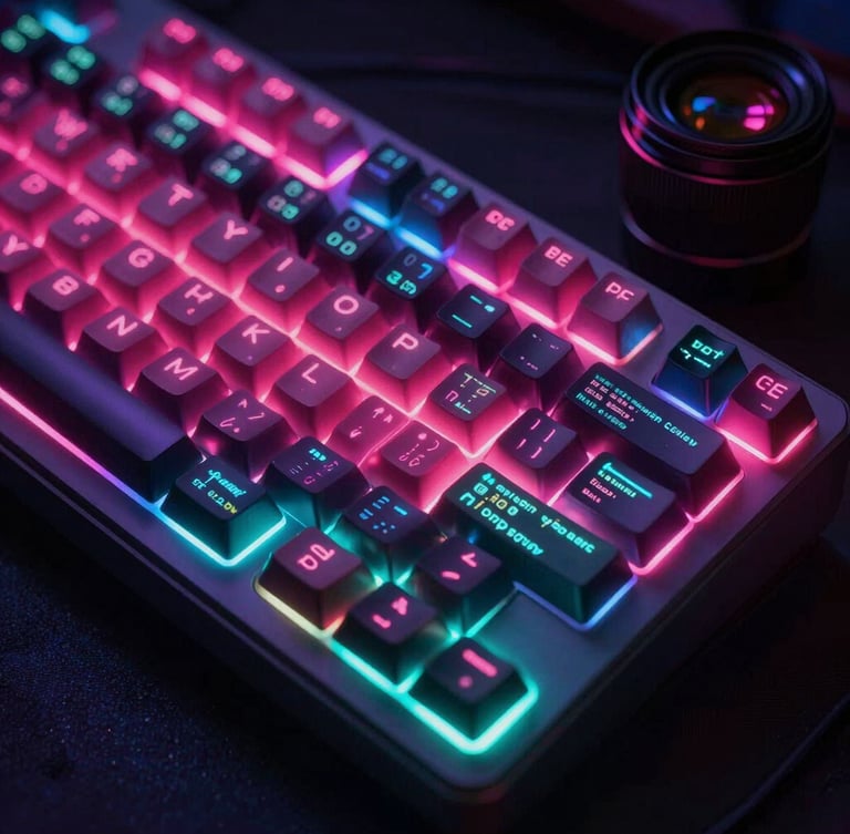 Close-up of a glowing mechanical keyboard with neon pink and cyan rim lighting, dark ambient background, code reflecting on keycaps, 35mm lens