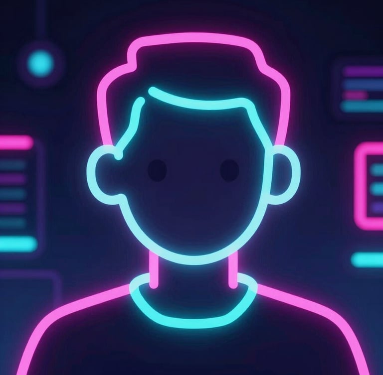 Close-up of a stylized vector avatar of a teacher with neon pink and cyan rim lighting, dark ambient background, synthwave aesthetic, 35mm lens