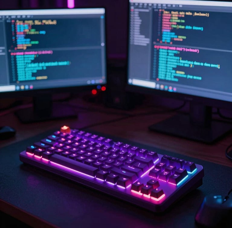 Dark ambient workspace with a glowing mechanical keyboard, purple reflections on computer screens showing lines of code, retro-futuristic aesthetic