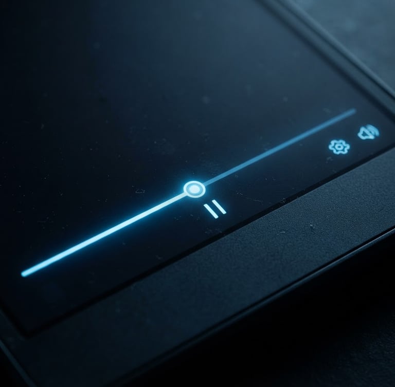 Sleek macro shot of a dark slate device screen displaying the Maghann video player interface, subtle neon blue glowing timeline, cool low-key studio lighting, high-contrast tech minimalism.