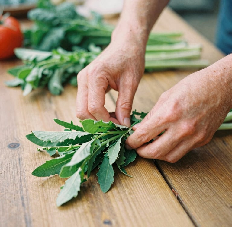 Warm natural daylight close-up of hands arranging fresh-picked local produce on a rustic wooden table, shallow depth of field, 35mm film look.