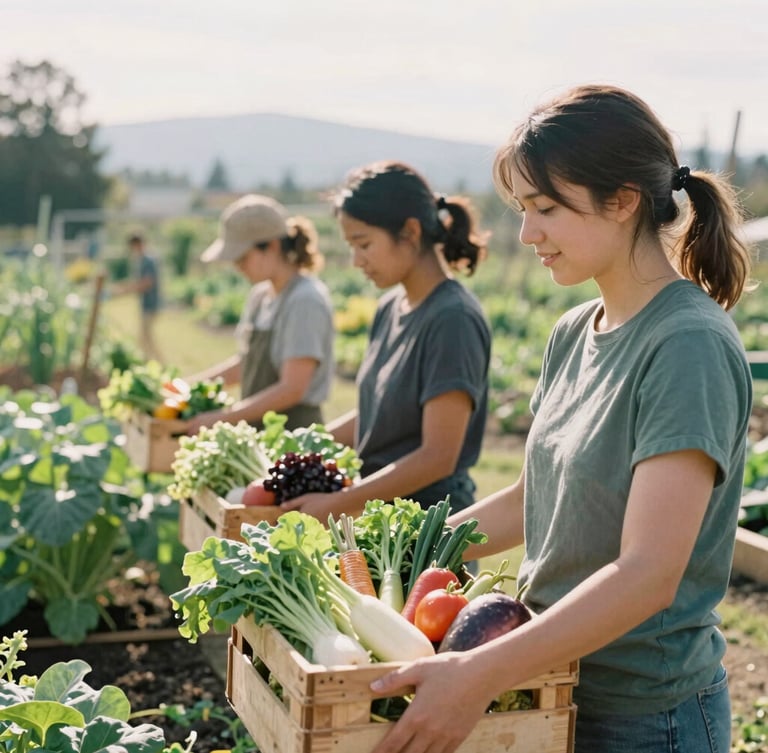 Side view of volunteers working side-by-side in a sunlit Shelton community garden, holding crates of colorful fresh vegetables, soft Pacific Northwest daylight.