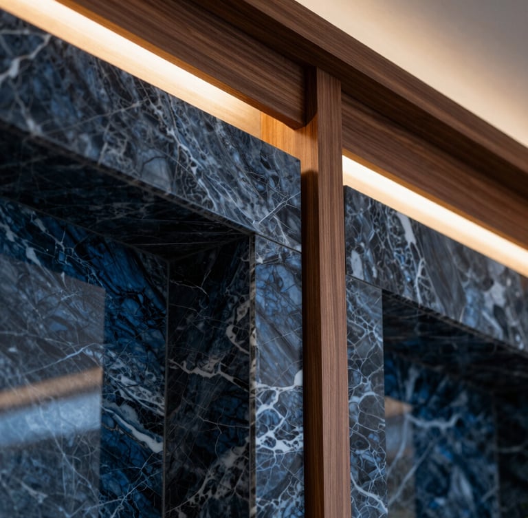 Macro close-up of luxury interior finishes, featuring book-matched marble panels meeting custom walnut wood joinery under warm architectural lighting