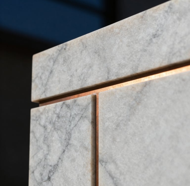Extreme close-up macro shot of book-matched white marble with deep grey veins, accented by a warm glowing metallic copper joint, high-contrast architectural lighting