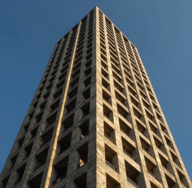 Low-angle heroic shot of a luxury high-rise tower concrete structure against a sharp blue sky, architectural daylight with deep metallic gold reflections.