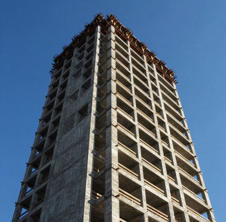 Low-angle architectural photograph of a modern high-rise concrete tower frame under construction against a clear blue sky, sharp daylight shadows.