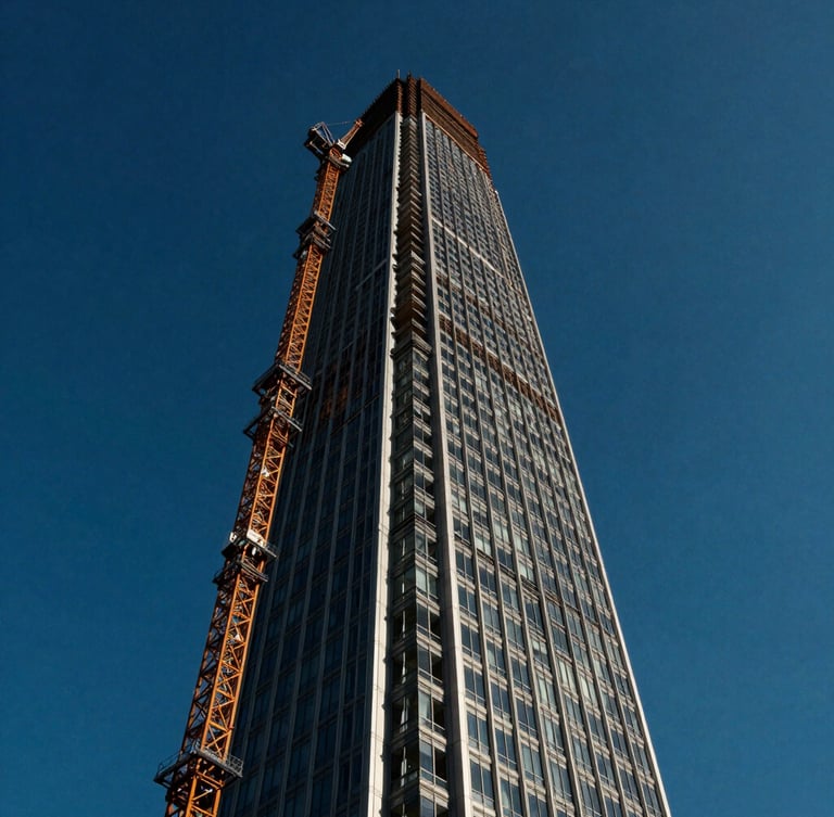 Low-angle heroic architectural photography of a soaring modern skyscraper under construction, steel cranes silhouetted against a high-contrast deep blue sky, sharp shadows, 35mm lens