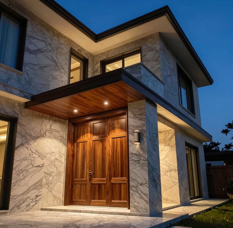 Low-angle architectural shot of a luxury villa interior, warm ambient light glowing on book-matched marble walls and custom walnut joinery, sharp focus, 35mm lens