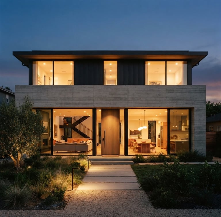 Straight-on architectural photography of a modern minimalist single-family home at dusk, warm interior lighting glowing through large windows, clean concrete and glass facade, 35mm
