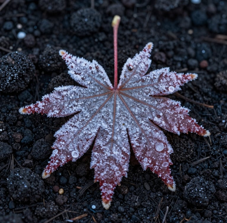 Macro shot of a structural Japanese maple leaf covered in morning frost, cool diffuse winter light, dark volcanic soil background, cinematic 16:9 portrait crop.