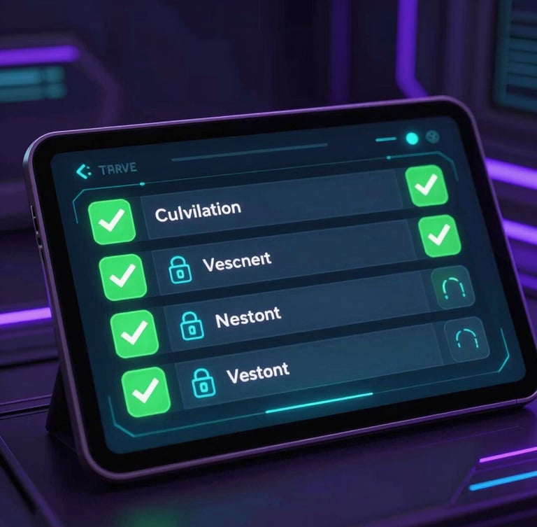 A high-contrast screenshot of a game account verification interface on a futuristic tablet, showing green checkmarks for completed steps and secure data encryption icons. Dark cybernetic digital render, electric cyan and neon purple glow.