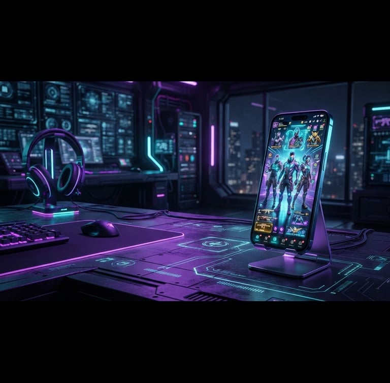Wide panoramic shot of a mobile gaming setup at night, with a smartphone displaying a game lobby UI with rare skins on the right third, glowing neon purple and cyan light emanating from the screen, digital grid patterns on a dark surface, expansive dark background, dark cybernetic digital render, neon purple and cyan glow, sharp high-contrast game UI, futuristic gaming aesthetic