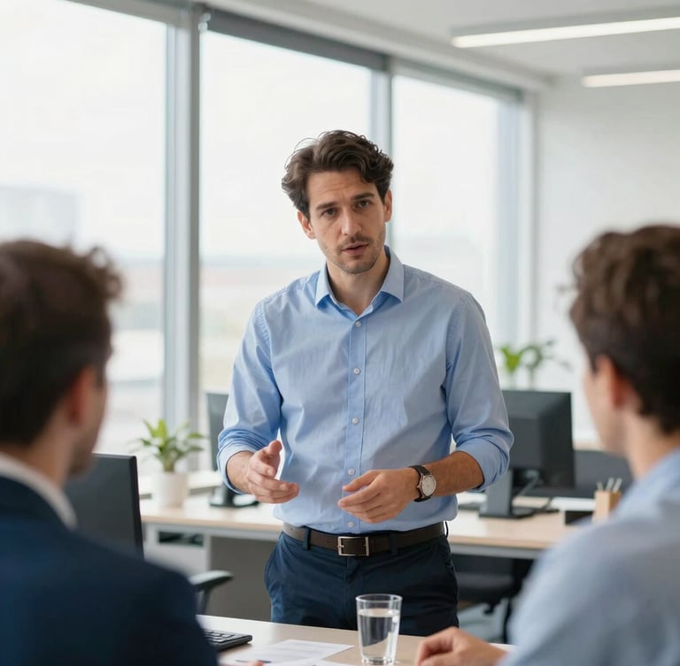 Authentic medium close-up of a French SME director discussing strategy with his team in a bright, modern regional office, natural morning light, clean corporate blue accents, 35mm photography