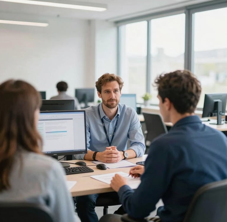Un entretien professionnel authentique entre deux cadres dans un bureau lumineux en Auvergne-Rhône-Alpes, lumière naturelle du matin, style éditorial épuré, 35mm