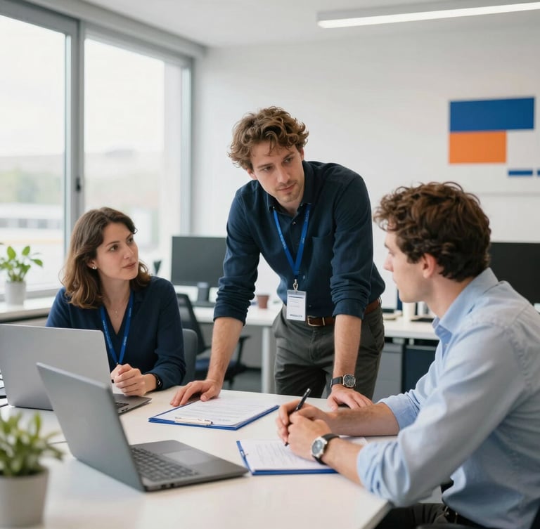 Authentic workshop discussion in a bright regional French SME office, Stéphane Rudolf advising a business owner, natural morning light, clean corporate blue details, 35mm