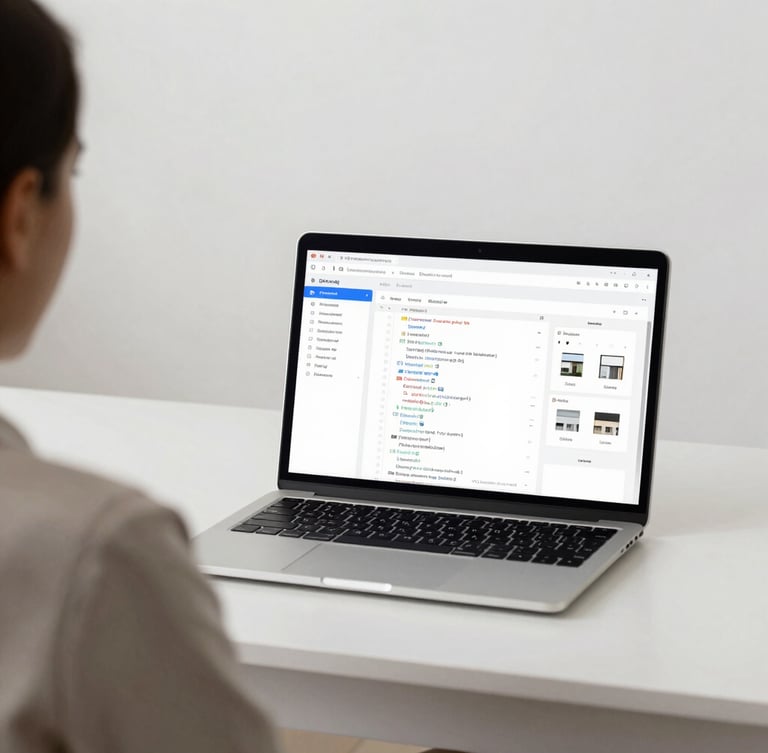 An over-the-shoulder view of a modern digital workspace in Detroit, a laptop displaying clean web code and real estate wireframes, bright neutral office light