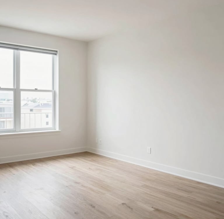 Bright, clean interior of a modern apartment living room in Birmingham Michigan, natural light, neutral tones, sharp focus, 35mm lens