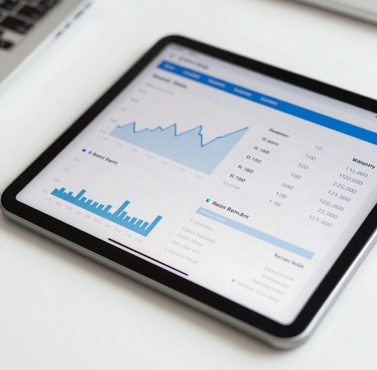 Close-up of a professional digital workspace, a tablet displaying financial reporting charts and rent collection metrics, clean desk, daylight, 35mm lens